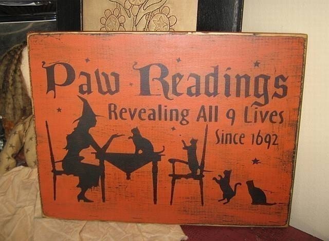 Paw Readings Black Cats Kitten Wicca Witch Handpainted Primitive Wood Sign Plaque