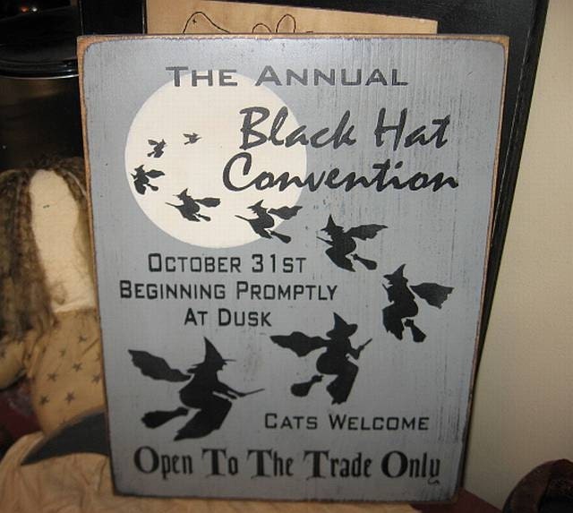 Black Hat Convention Witch Wiccan Handpainted Wood Sign Plaque Halloween