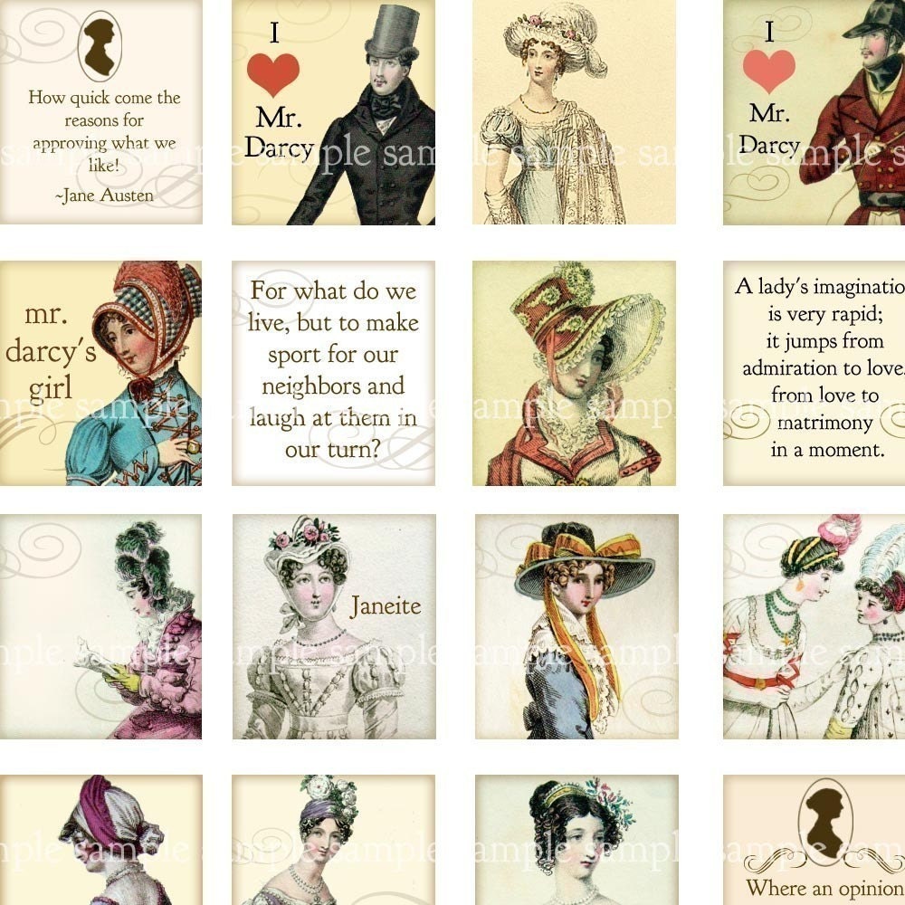 Jane Austen Quotes and Regency Fashion Digital Collage Scrabble Sheet .75 x .83 in 19mm x 21mm pink yellow sepia pale blue fashion costume