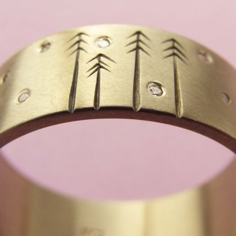 Wedding Band 14ct Gold and Diamond with Pine Trees