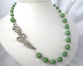 Spring Green Glass Necklace, Vintage Rhinestone Necklace, Silver, Handmade, Bouquet
