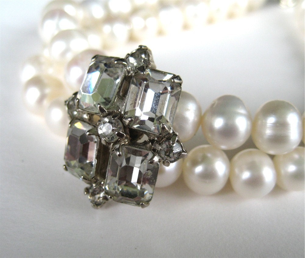 Pearl Rhinestone Bracelet, Two Strand Pearl Bridal Bracelet, Vintage Rhinestone, Handmade, Tracy