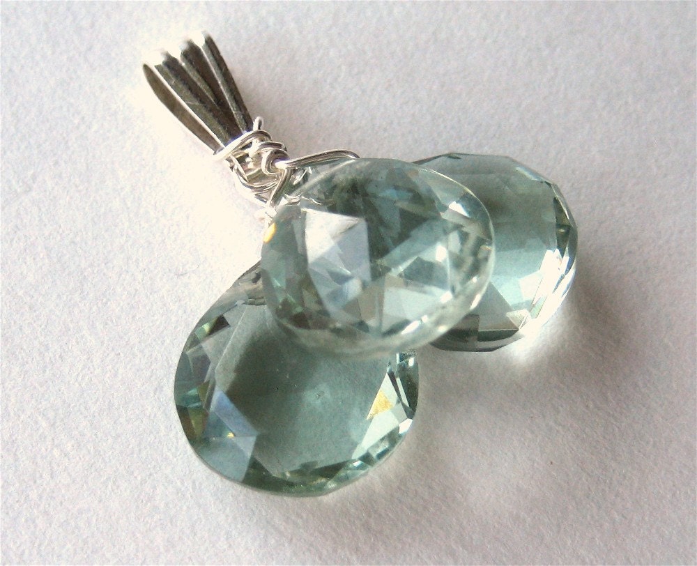 Pale Green Sterling Silver Slide Pendant, Light Green Quartz Teardrops, Morris