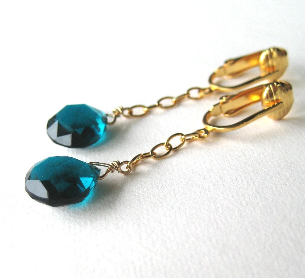 Dangling Teal Clip On Earrings, Gold Ear Clips, Teal Quartz Heart Briolette Clipons