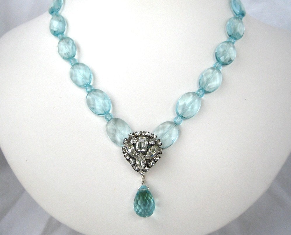 Light Blue Necklace, Vintage Rhinestone Wedding Necklace, Handmade, Bernadette