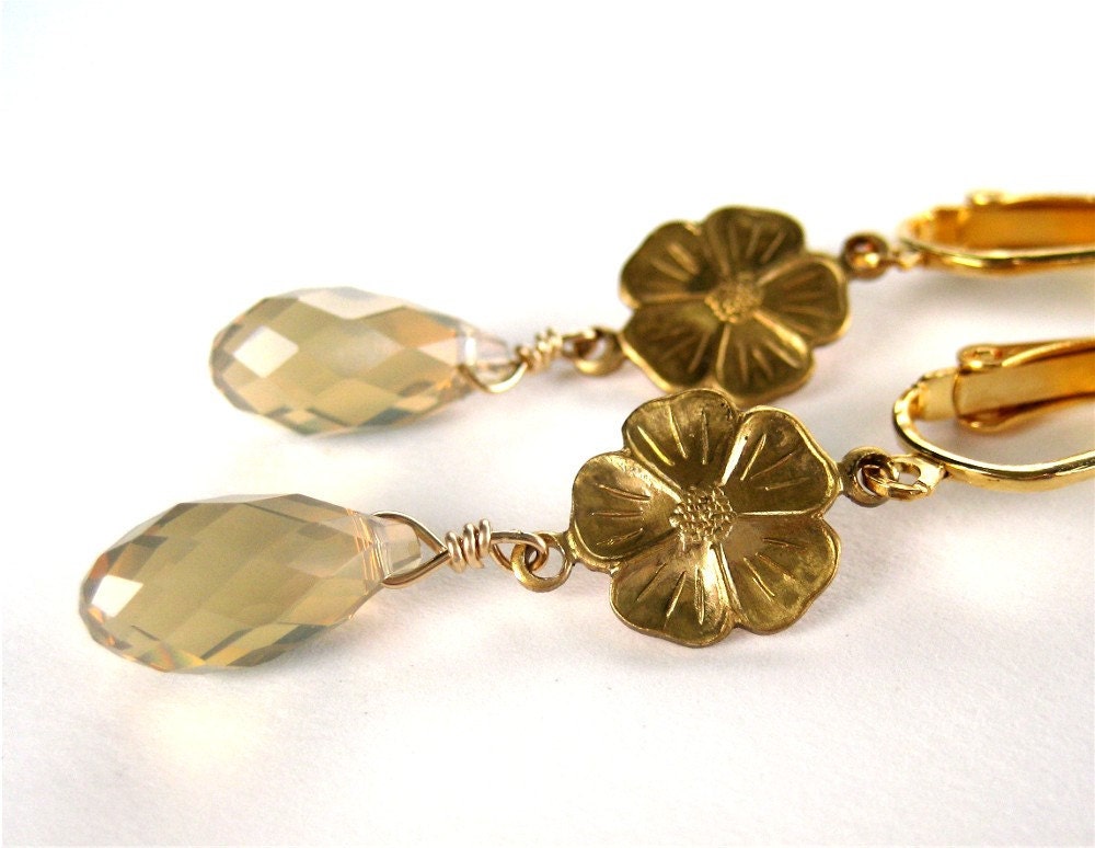 Golden Flower Clip On Earrings, Sand Opal Crystal Dangle Clipons, Gold Ear Clips, Dogwood