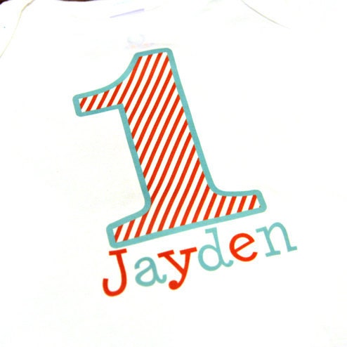 Custom personalized Birthday Shirt or Onesie - red blue stripe - you chose color, child's name, age, personalized gift