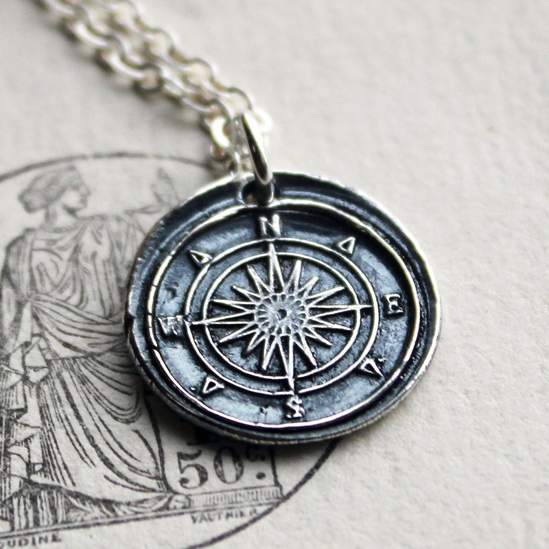 Compass Wax Seal Necklace in fine silver - Wax Seal Jewelry - Compass Rose Wax Seal - Always find your way