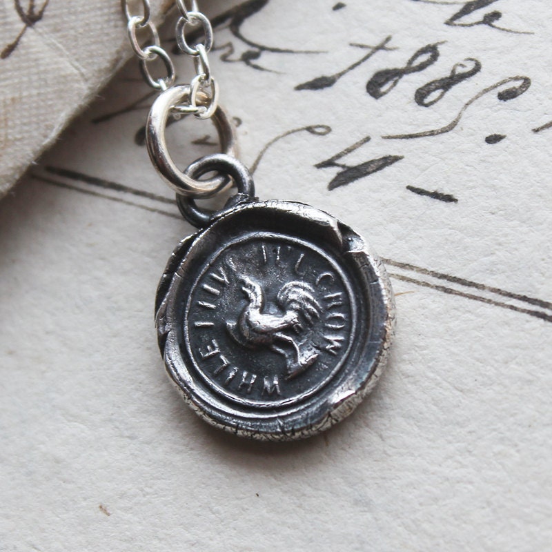 Rooster Wax Seal Charm Necklace - While I Live I'll Crow in fine silver - wax seal jewelry