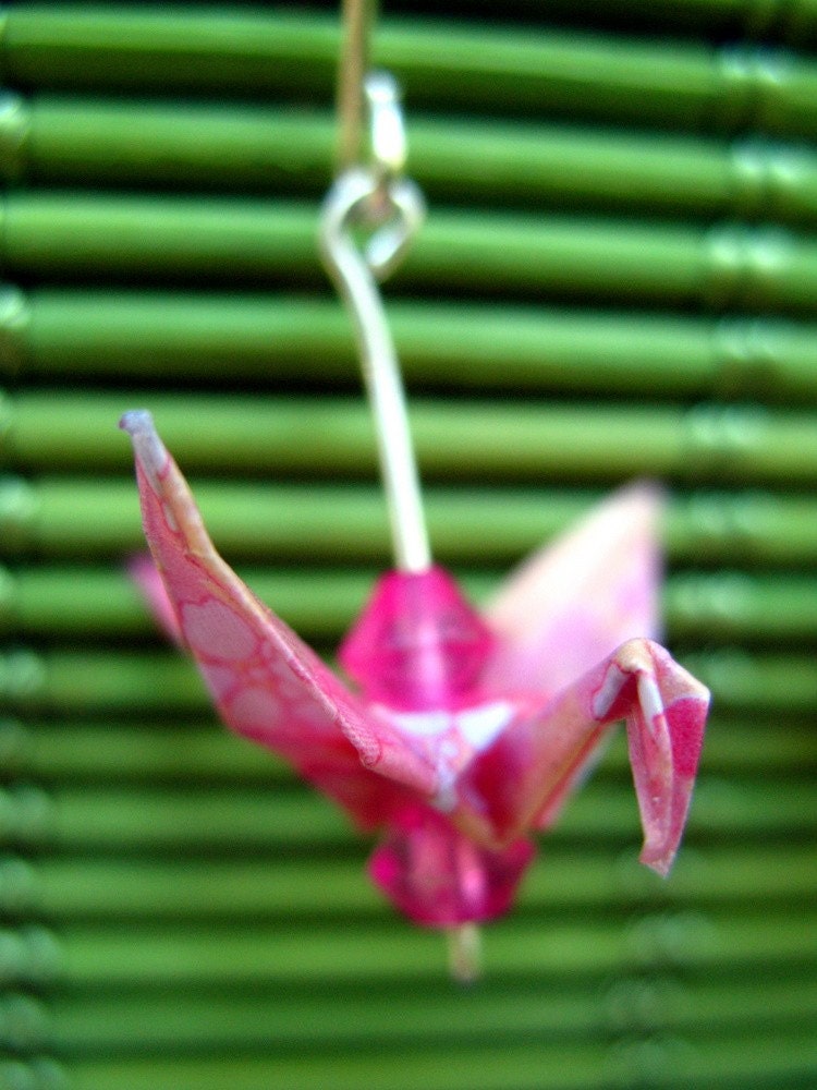 Origami crane earrings - pink and peach flower pattern with glass beads