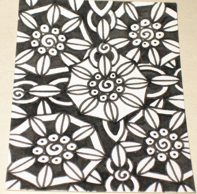 Original Drawing ACEO Black and White Flower Design