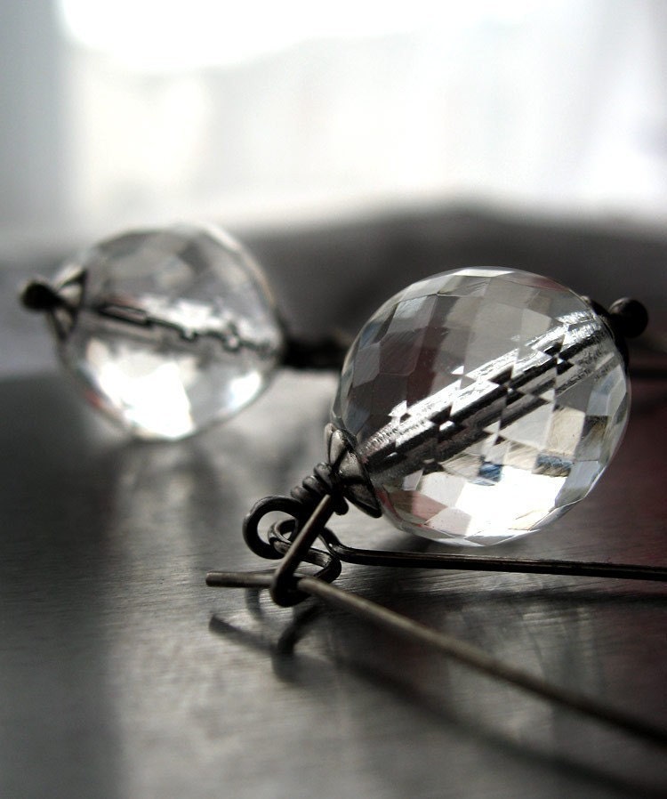 Clear Glass Earrings - Clear Faceted Glass Beads, Long Black Earring Wires, Modern Design Jewelry, Prom Formal Earrings - Ice Disco