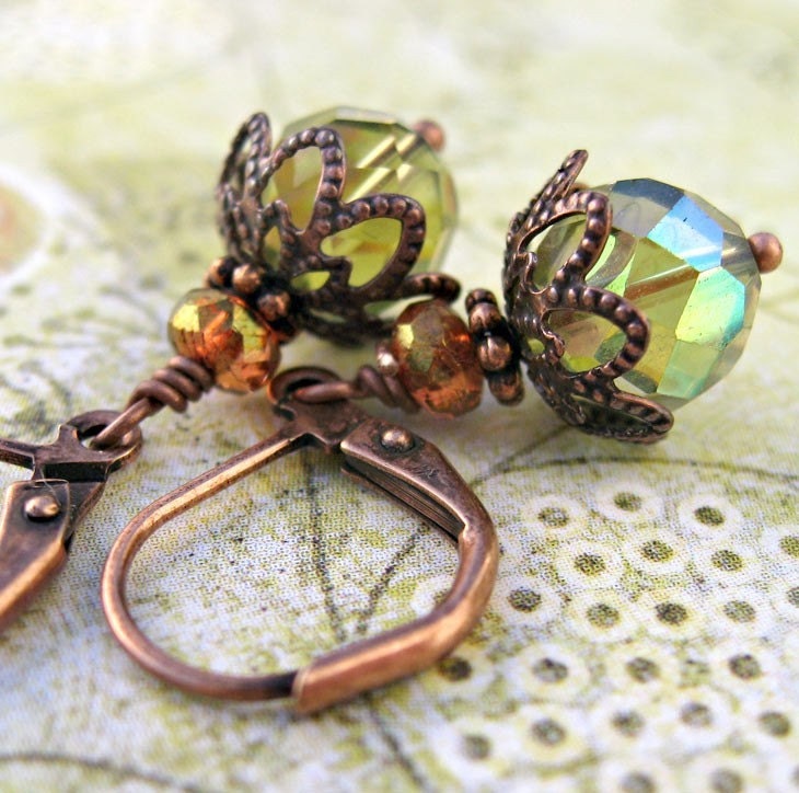 Tiny Vintage Style Olivine Crystal Earrings with Antiqued Copper