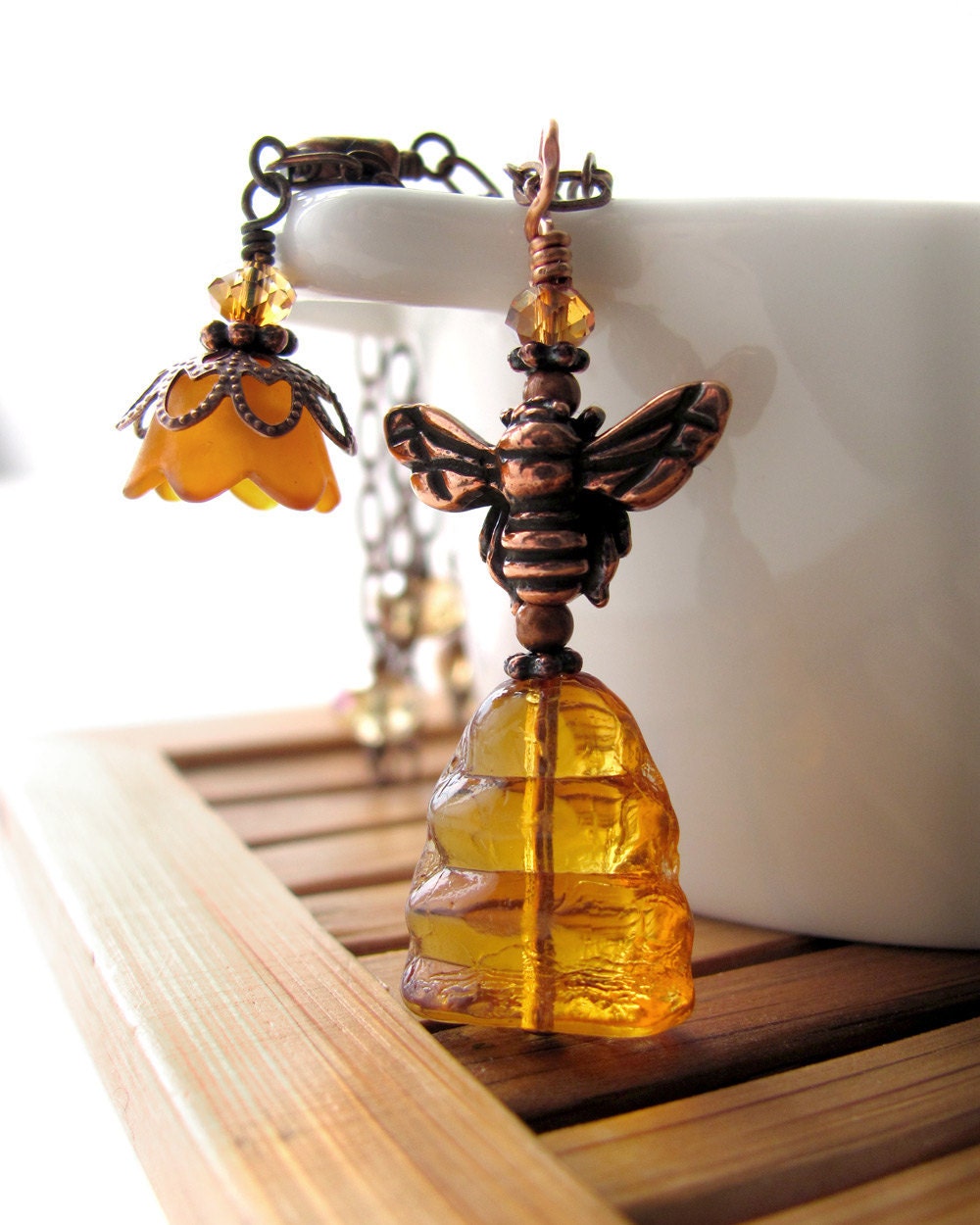 Honey Bee Necklace with Yellow Bee Hive, Asymmetrical Orange Flower, Honeybee Necklace, Gift for Nature Garden Lover, Nature Jewelry