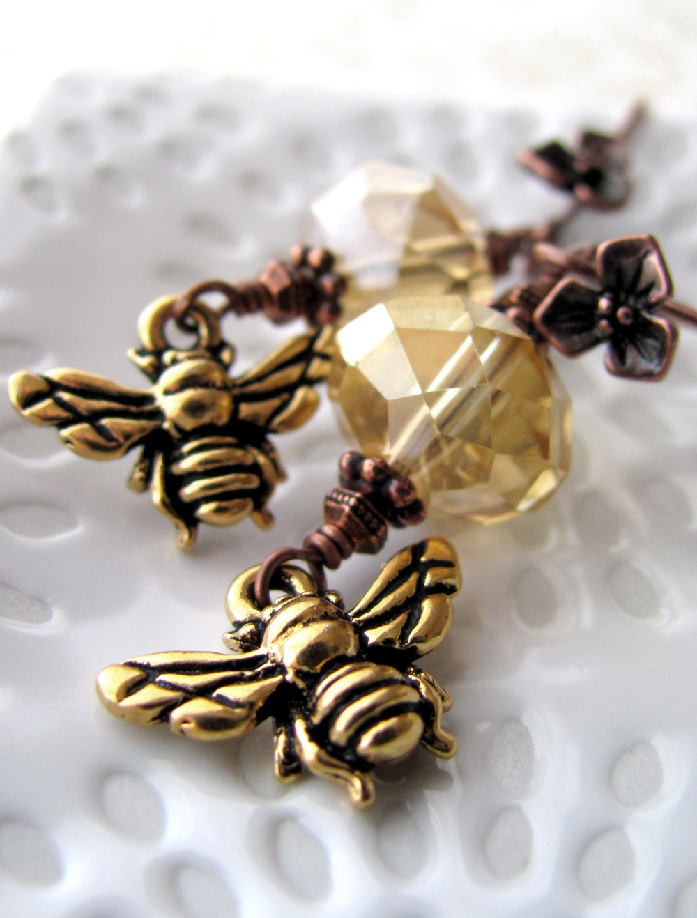 Gold Honey Bee Earrings with Trillium Flowers, Yellow Faceted Glass, Antiqued Copper, Vintage Style Jewelry, Gift for Nature Lover