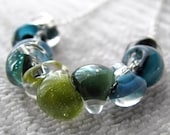 Ombre Green Blue Glass Necklace - Olive Green, Aqua Blue, Midnight Blue, Lampwork Glass Beads, Sterling Silver Chain, Nautical Necklace