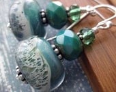 Lampwork Glass Bead Earrings - Seafoam, Teal, Aqua, Sand - Ocean Waves on the Seashore -  Handmade Borosilicate Glass Beads