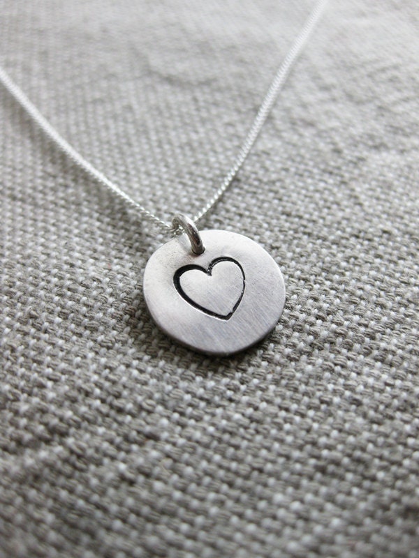 Heart Pendant - small stamped sterling silver circle tag love customizable womens jewelry