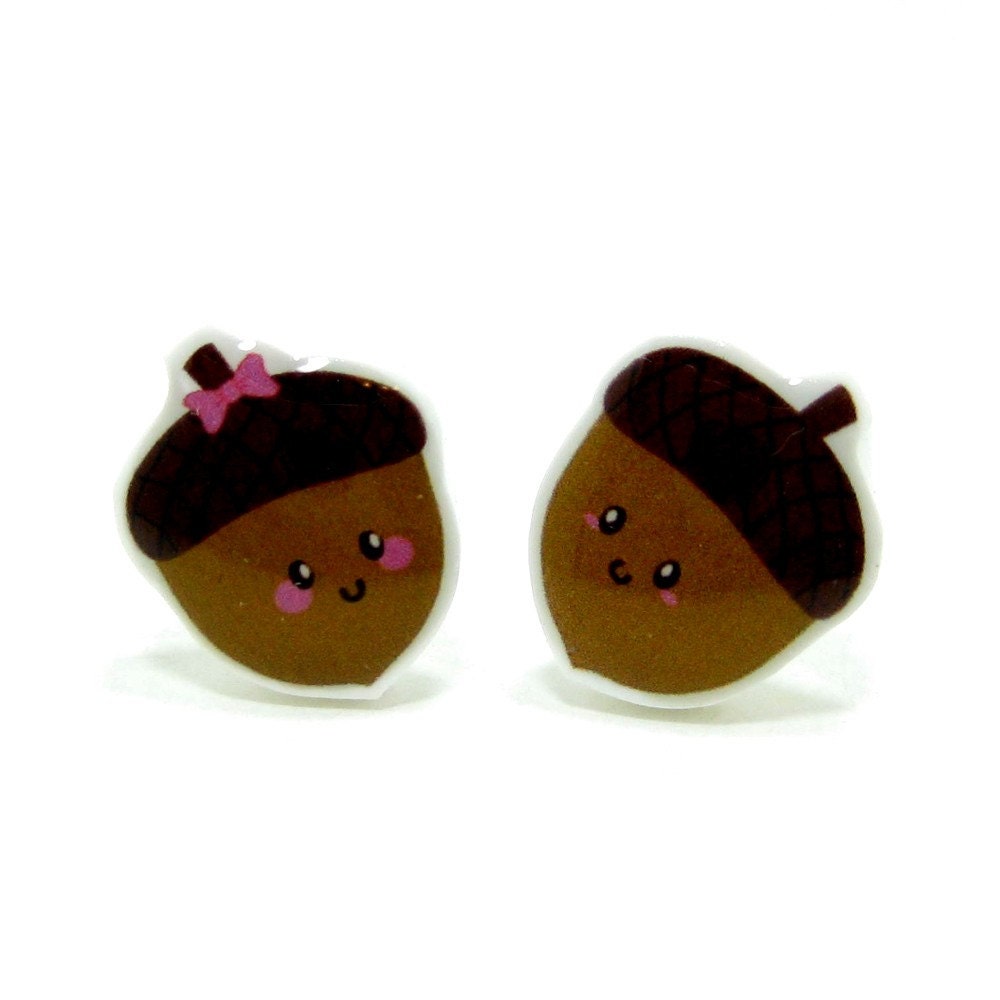 Acorn Earrings - Brown Sterling Silver Posts Studs Kawaii Cute