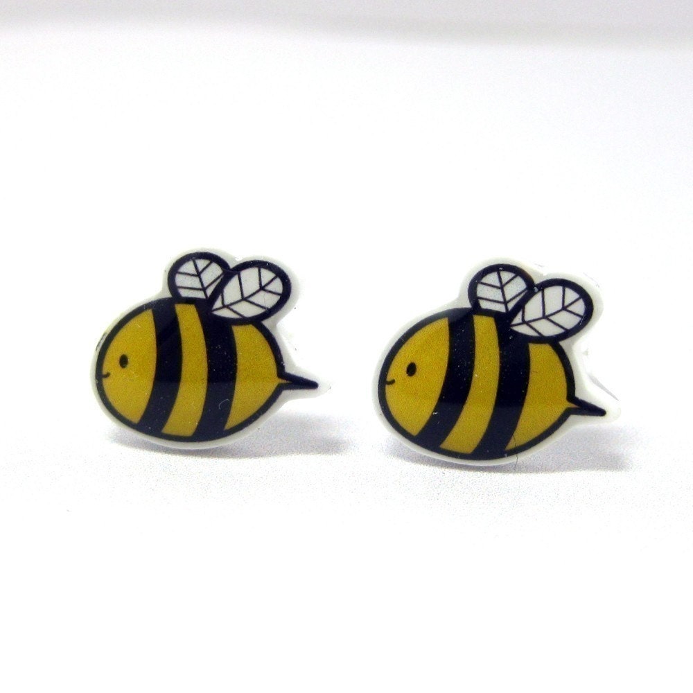 Bumble Bee Earrings - Yellow Black Sterling Silver Posts Studs Kawaii Cute