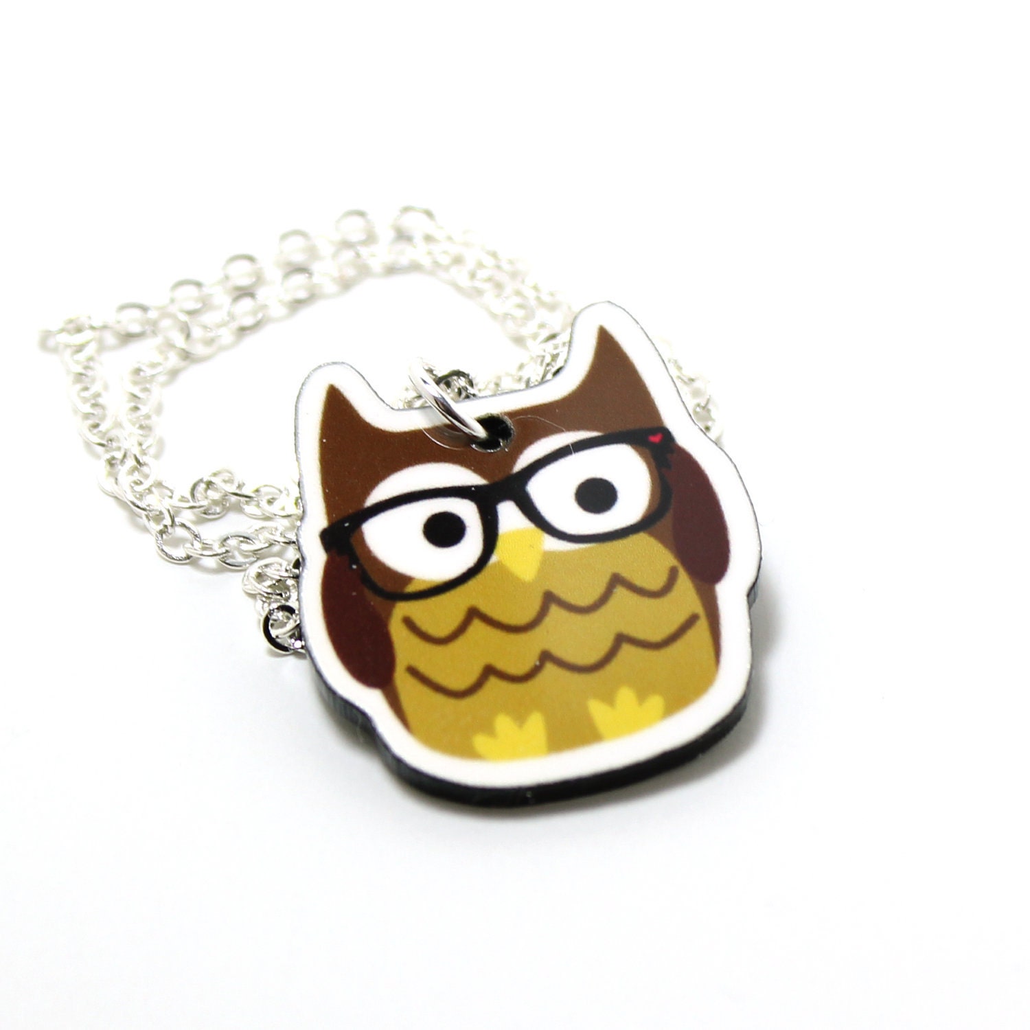 Nerdy Owl Acrylic Charm Necklace on Silver Plated Chain - Brown Kawaii Cute