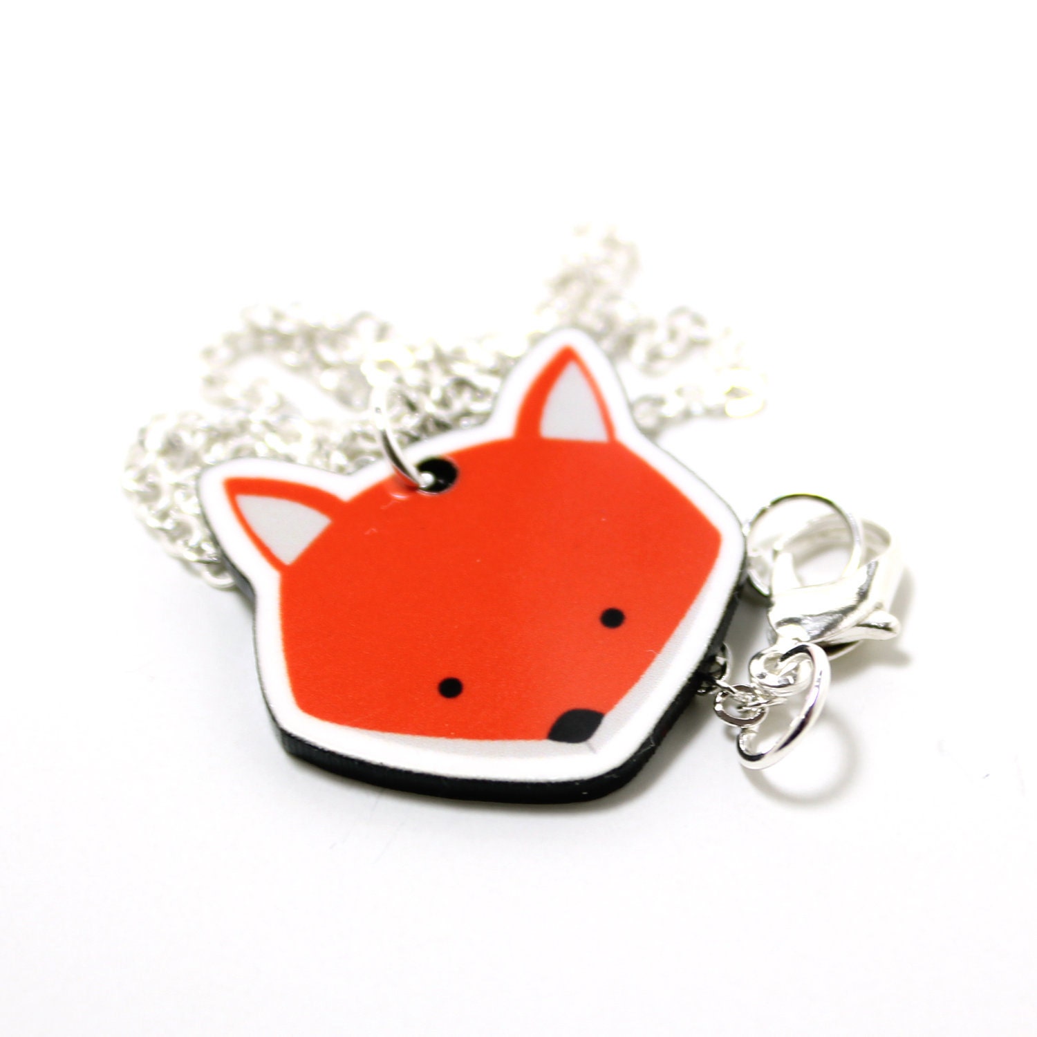 Fox Acrylic Charm Necklace on Silver Plated Chain - Orange Kawaii Cute