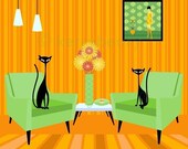 Mid Century Design Modern Cat Art Print by Kerry Beary - 12x12 inches retro vintage style
