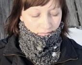 Grey/Black Hand Knit Repurposed Skinny Scarf into Neck Warmer with Antique Buttons