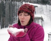 Artistic and Funky Red and Pink Blends Knit Hat with Knit Flower
