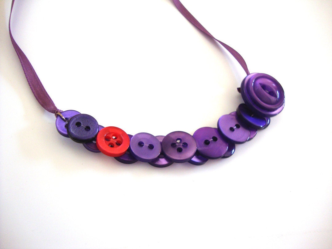 Vintage Purple and Pink Button Necklace with Delicate Ribbon Tie