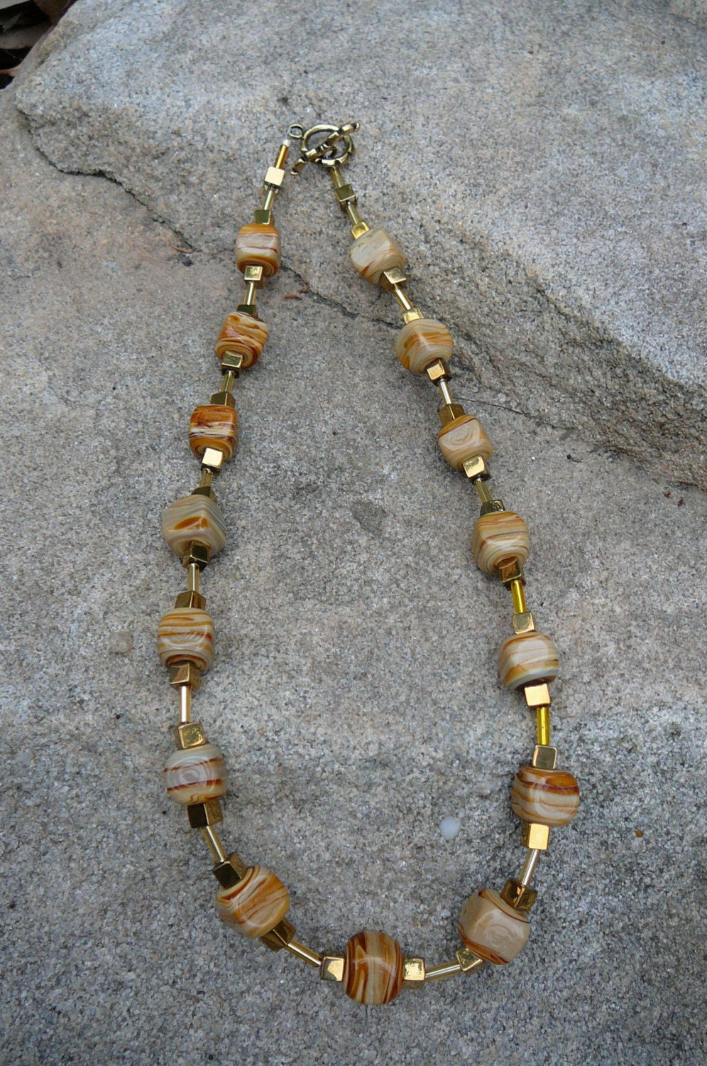 Tiger Eye Cubes With Gold Glass, Necklace