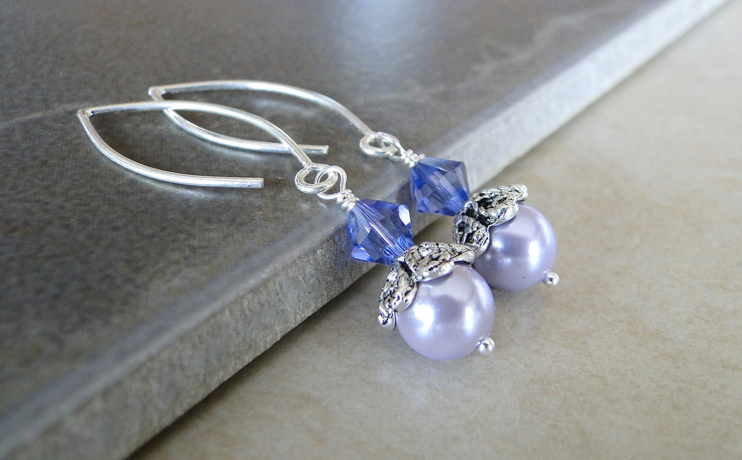 Lilac Glass pearlised Earrings Topped With A Sparkling Purple Swarovski Crystal