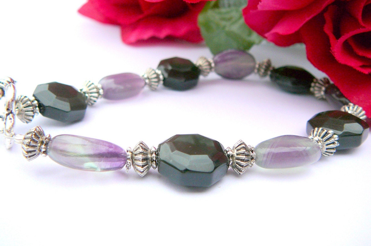 Onyx And Rainbow Flourite Bracelet, Sheer Elegance