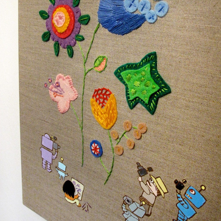 Flowers and Tourists - Original Mixed Media Painting