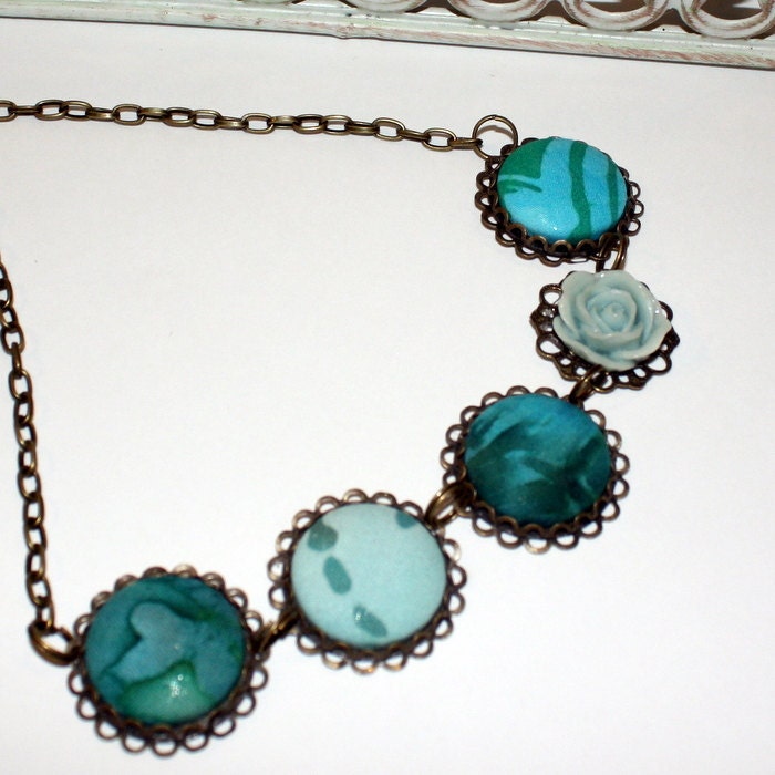Original  Necklace Button and Cabochon LAGOON Teal, Green  and Celadon Upcycled Batiks