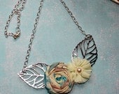 Silver Leaves and Rosette Necklace, Handmade  Upcycled Batiks and Chiffon Lime & Aqua Unique Design
