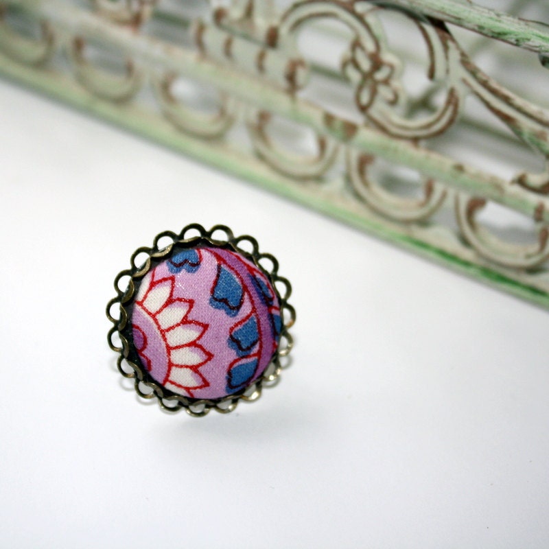 Button Ring  Covered in Upcycled Blouse Fabric  KASHMIR  Style Purple and Blue