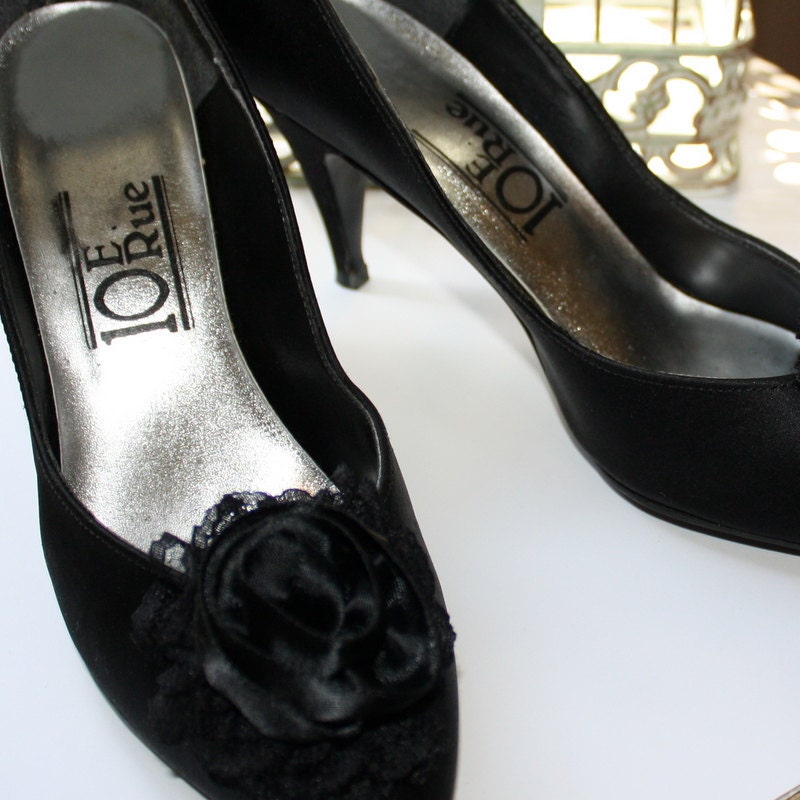 Fabulous Vintage Black Satin Shoes 1980s 10e Rue 7M