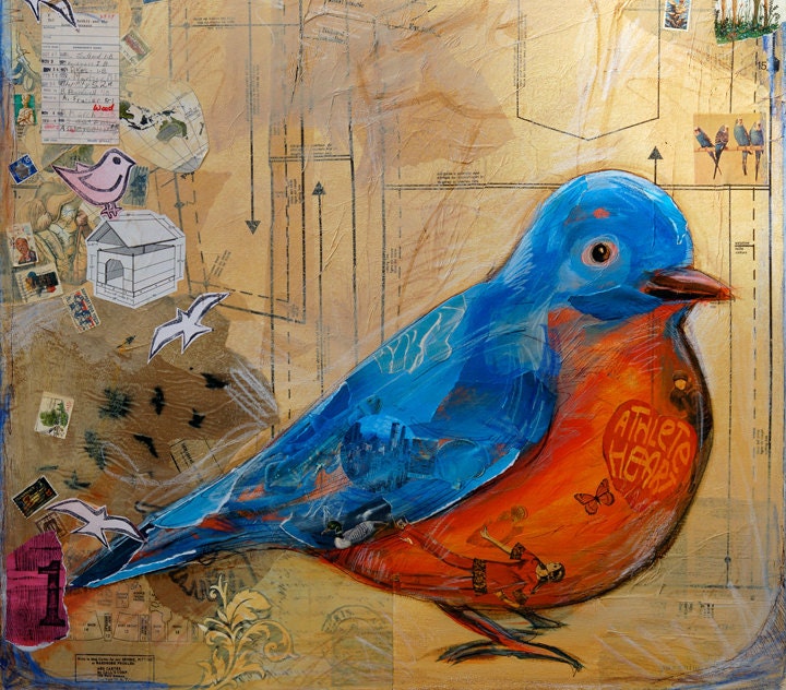 Athlete Heart - EXTRA LARGE 18X24 signed Poster Print - blue bird with collage