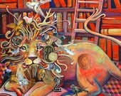 Library Lion 11X17 print - neon oranges, books, book lovers, golds, reading