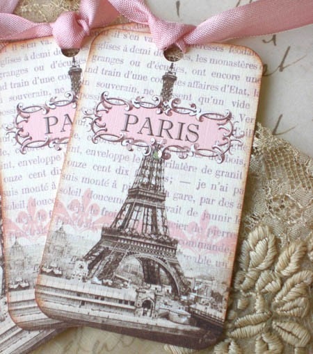 Paris Tags, Pink - French Tags - Eiffel Tower Tags - Paris 1889 Exposition - Set of 6
