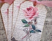 Rose Tags - Vintage Rose - Lace Handkerchief, French Tags - Set of 4