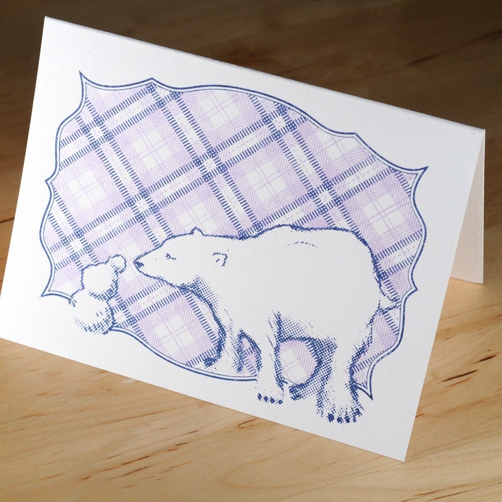 Set of 6 Hand-printed Polar Bear and Snowman Cards -- White
