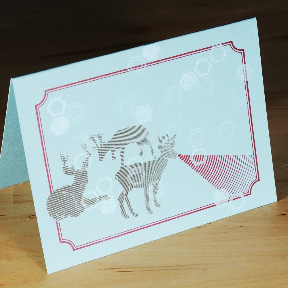 Set of 6 Hand-printed Holiday Cards -- Death Ray Rudolph on blue