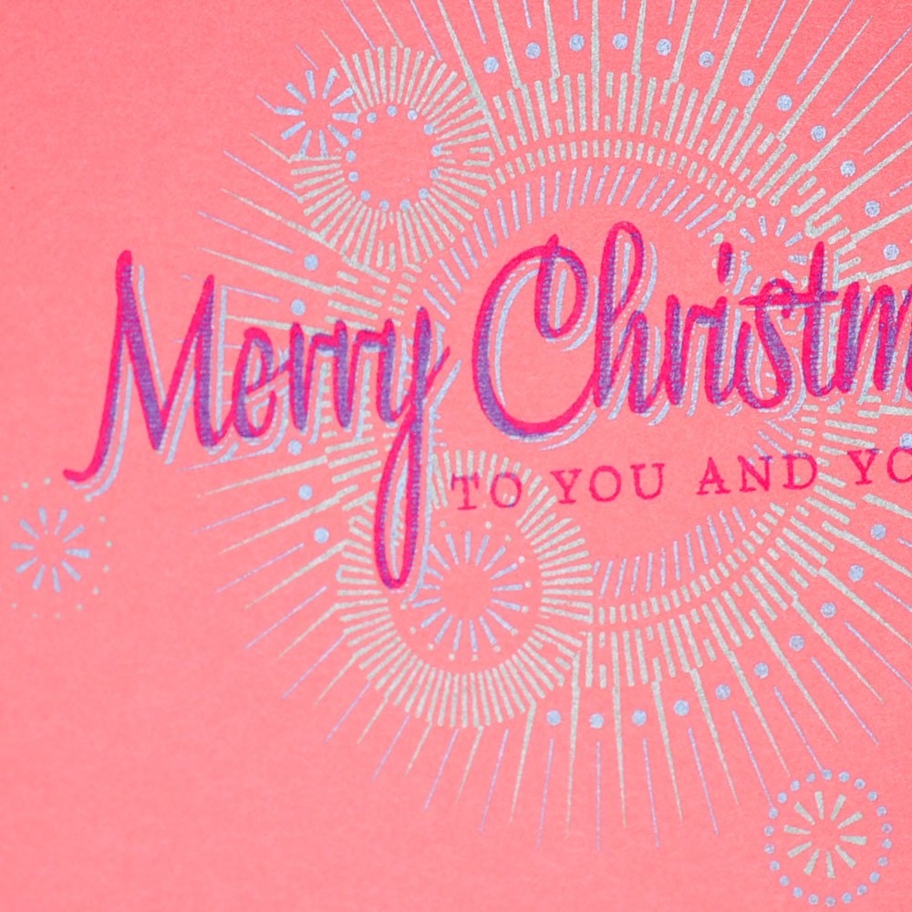 Christmas Cards -- Merry Christmas lens flare on pink -- Set of 6 Hand-printed cards