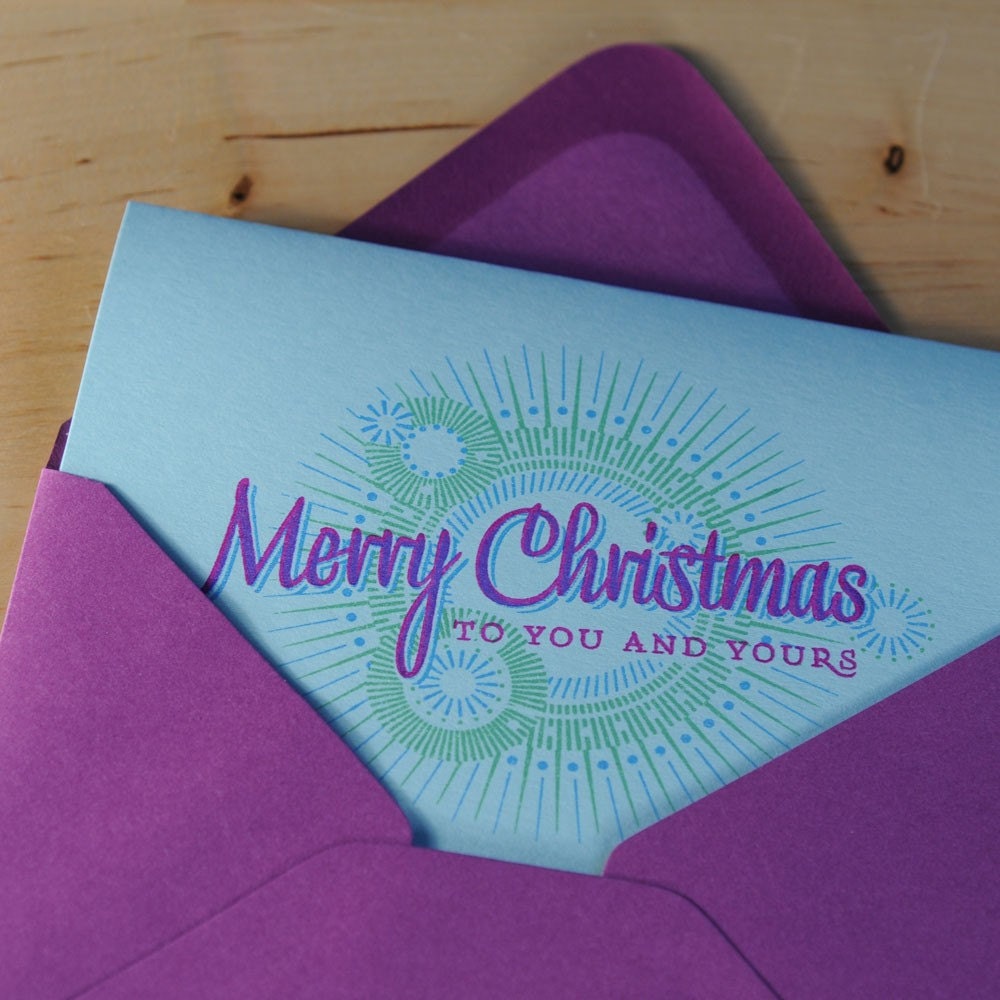 Set of 6 Hand-printed Christmas Cards -- Merry Christmas lens flare on pale aqua