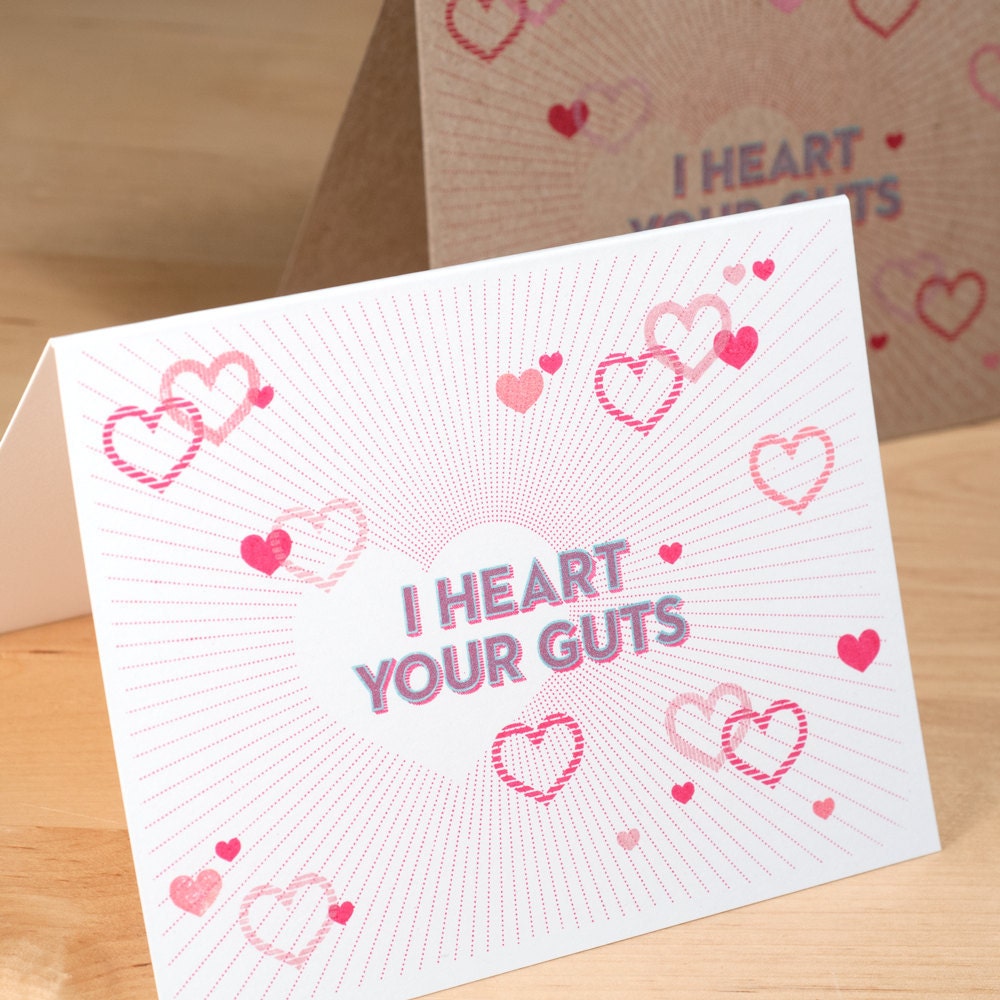 Valentine Card -- I Heart Your Guts -- Hand-printined on white