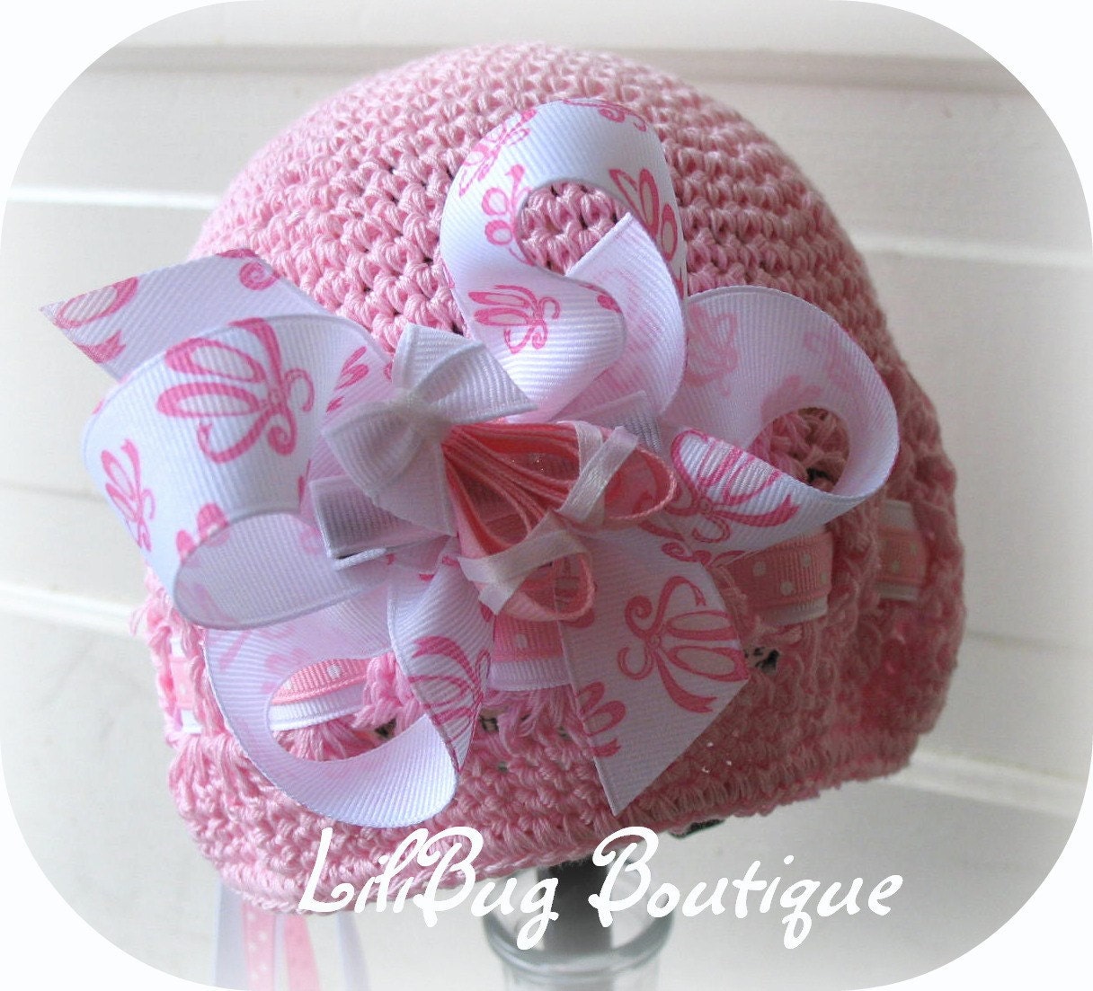 LiliBug 4-in-1 Infant or Toddler BALLERINA Crochet Beanie Hat Set - Pink / White