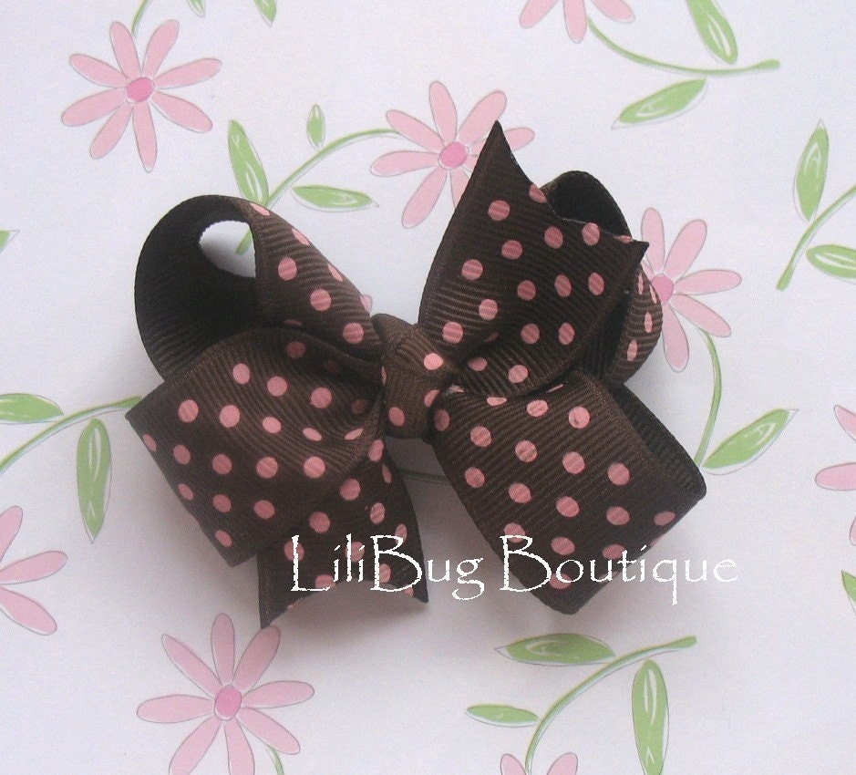LiliBug Chocolate Brown / Pink Dot Boutique Hair Bow