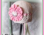 LiliBug 3-in-1 Girls Custom Flower Crochet Beanie Hat - VICTORIAN PINK - Pink / Sage Green / Vintage Ivory